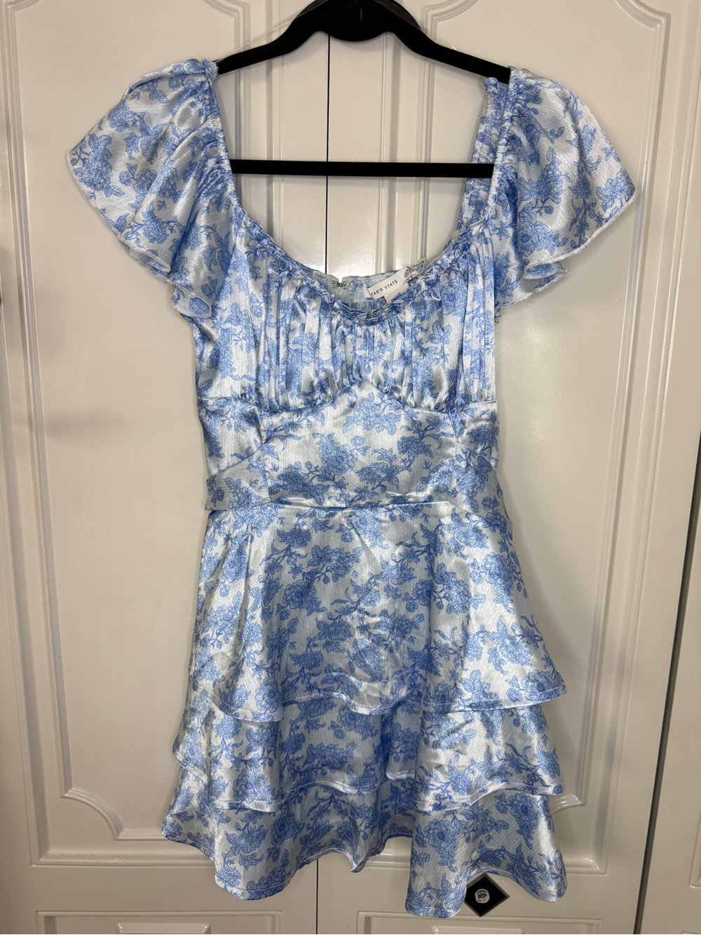 Altar'd State Blue Floral Satin Ruffle Dress